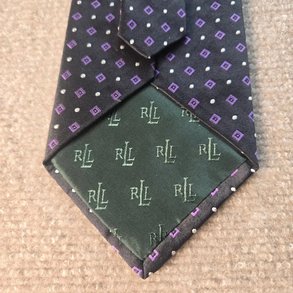 Lauren Ralph Lauren Mens Silk Tie Black Purple Geometric Diamond Hand Finished